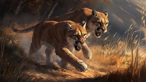 Aggressive Pumas in Dusty Chase Through Savanna.