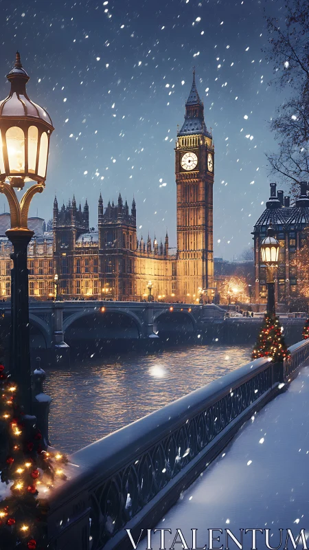 Snowfall envelopes Big Ben and Westminster in festive glow.