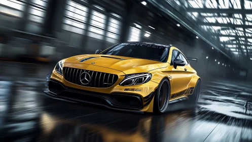 Golden sports car racing through a sleek city tunnel.