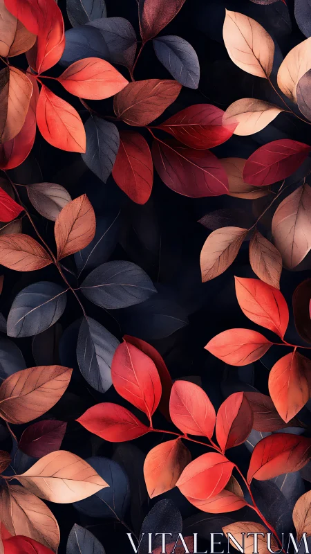 Crimson and indigo foliage pattern on deep midnight background.