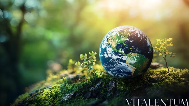 Earth globe in lush forest setting, vibrant nature conservation concept.