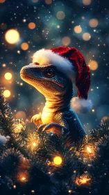 Festive baby dinosaur in Santa hat amid glowing bokeh lights.