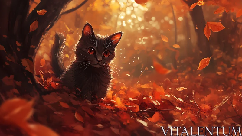 A Black Cat with Glowing Eyes Surrounded by Autumn's Warm Embrace