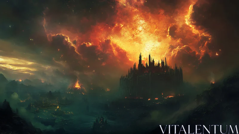 Burning fortress rises beneath apocalyptic inferno sky