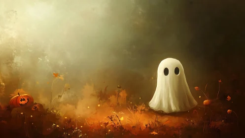 Cute ghost in glowing autumn pumpkin field at dusk.