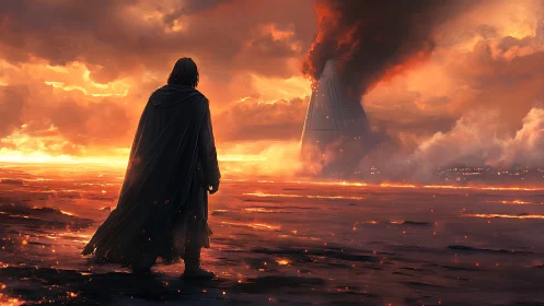 Lone cloaked wanderer surveys burning sci fi outpost