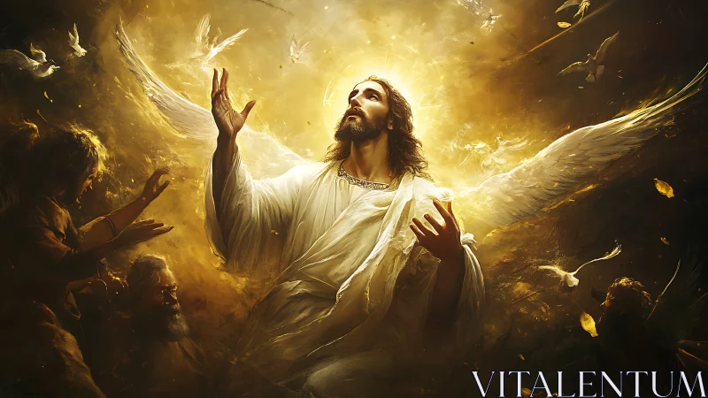 Radiant angelic figure ascends in golden celestial light.
