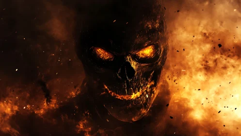 Fiery skull emerges boldly from swirling flames and sparks