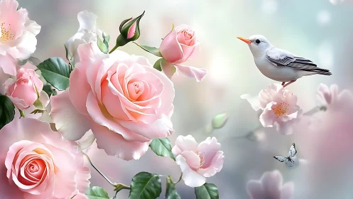 Delicate Floral Composition with Avian and Lepidopteran Elements.