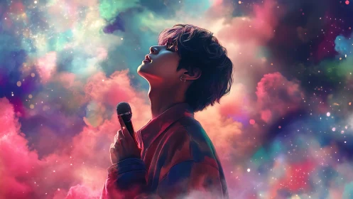 Vocalist in neon nebula clouds under prismatic concert light.