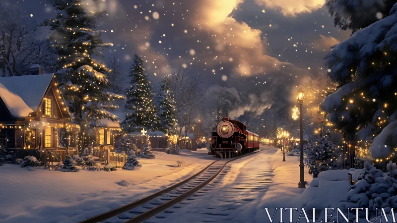 Snowlit cottage station and a crimson holiday steam train.