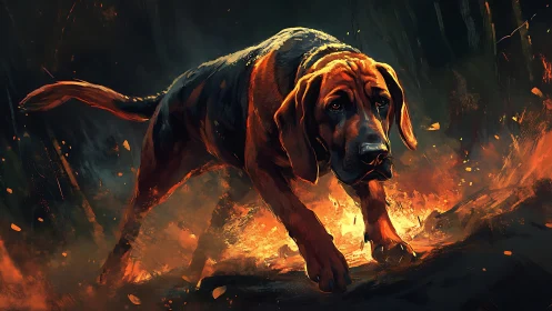Tracking hound striding through blazing forest embers.