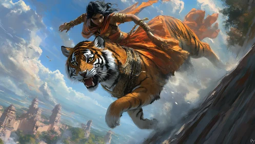 Skyward tiger charge with warrior wrapped in burning silk.