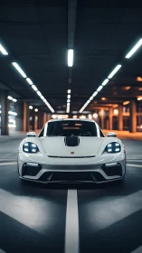 Sleek white sports car glowing softly in a night tunnel.