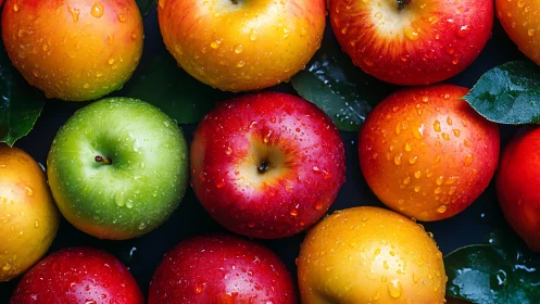 Wet apples in assorted colors form a tight surface pattern