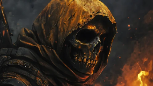 Hooded skeletal warrior emerges in molten ember lighting.