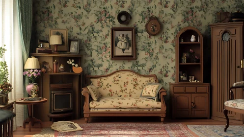 Floral wallpaper parlor where vintage whispers politely linger.