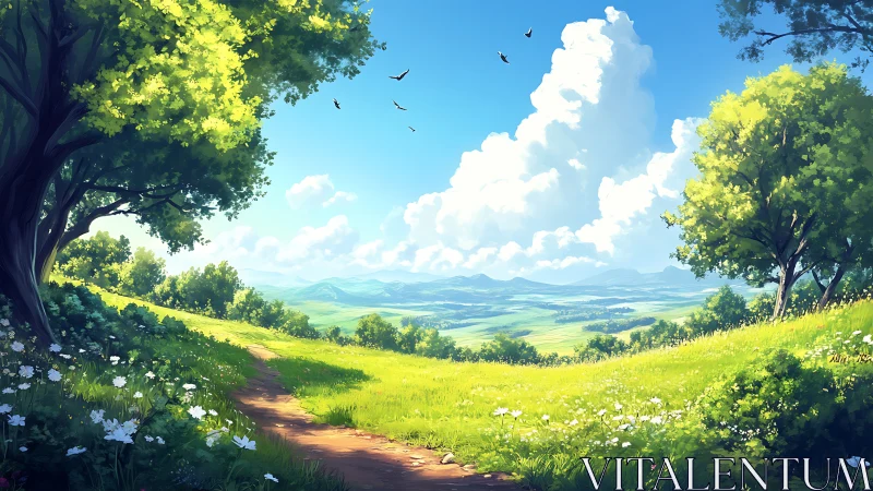 Sunlit country path winding through peaceful green meadows.