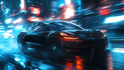 Futuristic electric coupé accelerates through neon-soaked rain