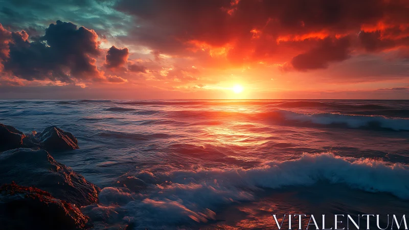 Ocean horizon at sunset under dense cloud cover.