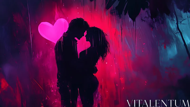 Neon Kiss: Silhouette Couple Under Glowing Heart.