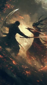 Fiery duel between two warriors in a storm of embers.