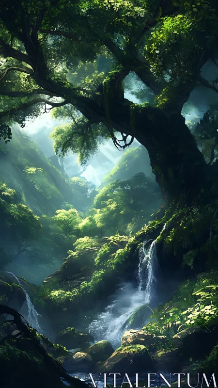 Ancient Forest Canyon with Cascading Waterfalls.