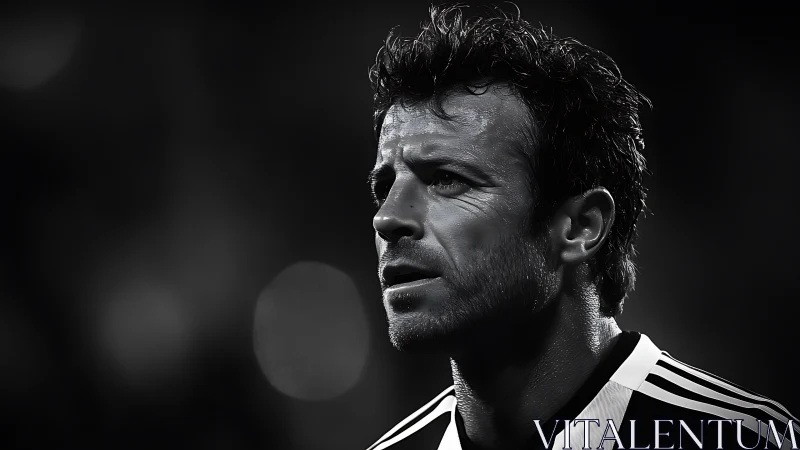 Football player gazes ahead under stadium lights in monochrome.