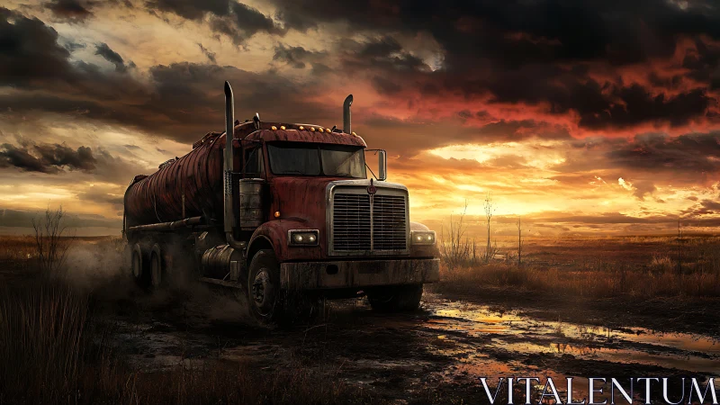 Rust red tanker truck powers through stormlit mud plain.