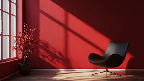 Minimalist red interior with sculptural lounge chair rendering.