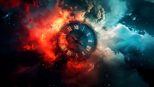 Temporal rift clock engulfed in bifurcated cosmic nebula