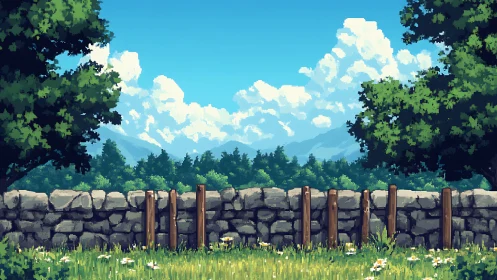 Pixel countryside wall beneath drifting summer clouds.
