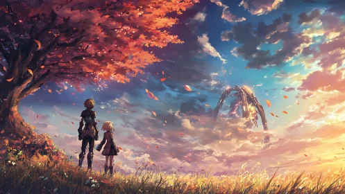 Two children watch distant mech above glowing sunset clouds