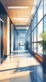 Sunlit corporate corridor where quiet morning echoes linger.