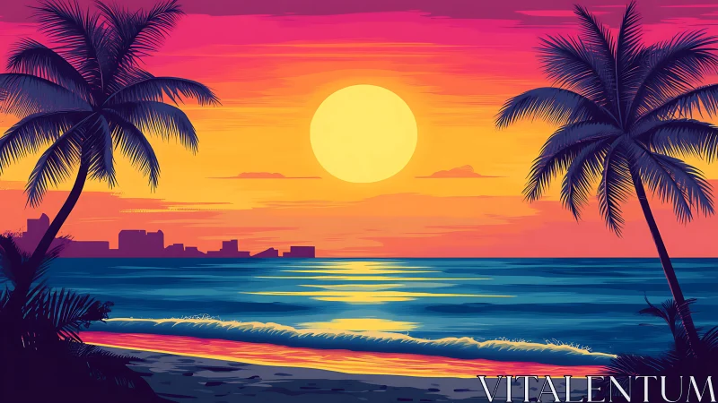 Chromatic vector seascape with silhouetted tropical palms.