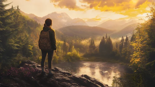 Solitary hiker greeting a golden mountain dawn horizon.