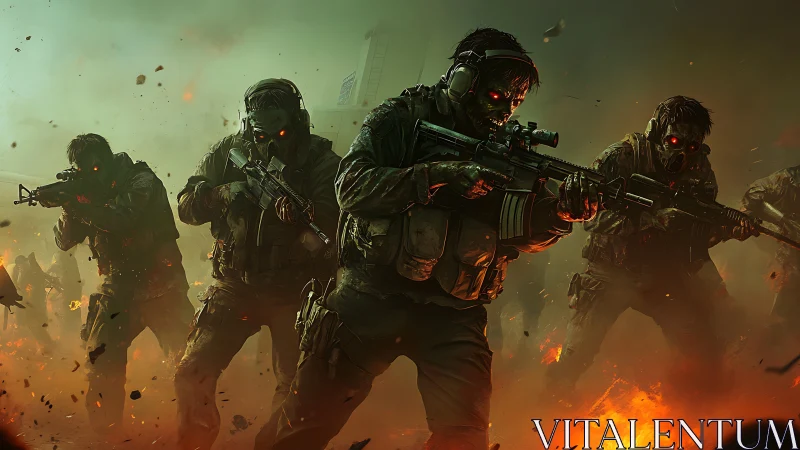 Armored undead strike team advances through incendiary battlefield