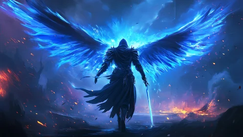 Luminescent winged warrior with plasma blade in burning wasteland