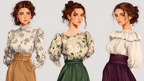 Victorian-inspired portraits in softly rendered floral blouses.