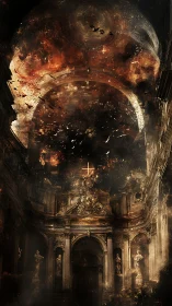 Baroque cathedral interior dissolves into cosmic firestorm and ash