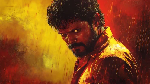 Intense man stares through rain in blazing red yellow storm