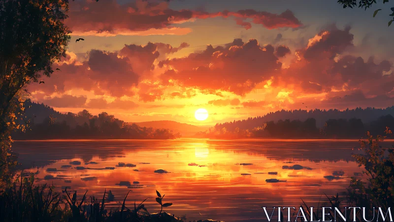 Radiant sunset settles over tranquil forest lake horizon