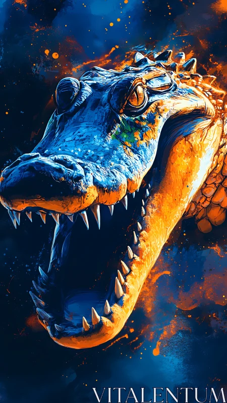 Crocodile head rendered in contrasting blue and orange tones