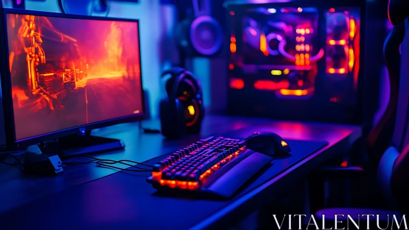 Neon lit gaming desk glowing with immersive PC warmth.