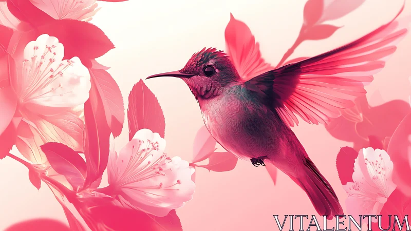 Pink hummingbird in flight among soft cherry blossoms.