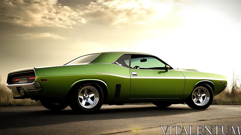 Lime green muscle coupe under low warm backlit skyscape.