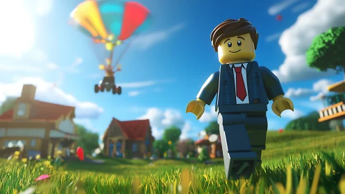 Lego-style figure walks through sunlit suburban landscape