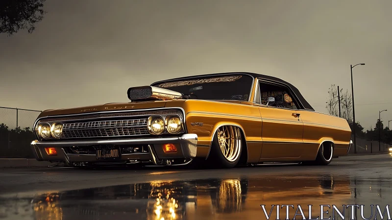 Low-angle view of customized gold classic car at dusk.