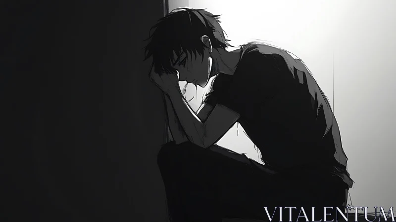 Brooding silhouette leans into stark light, embracing solitude