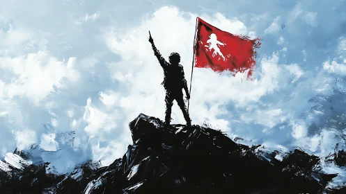 Silhouetted climber raises red victory flag atop rocky peak